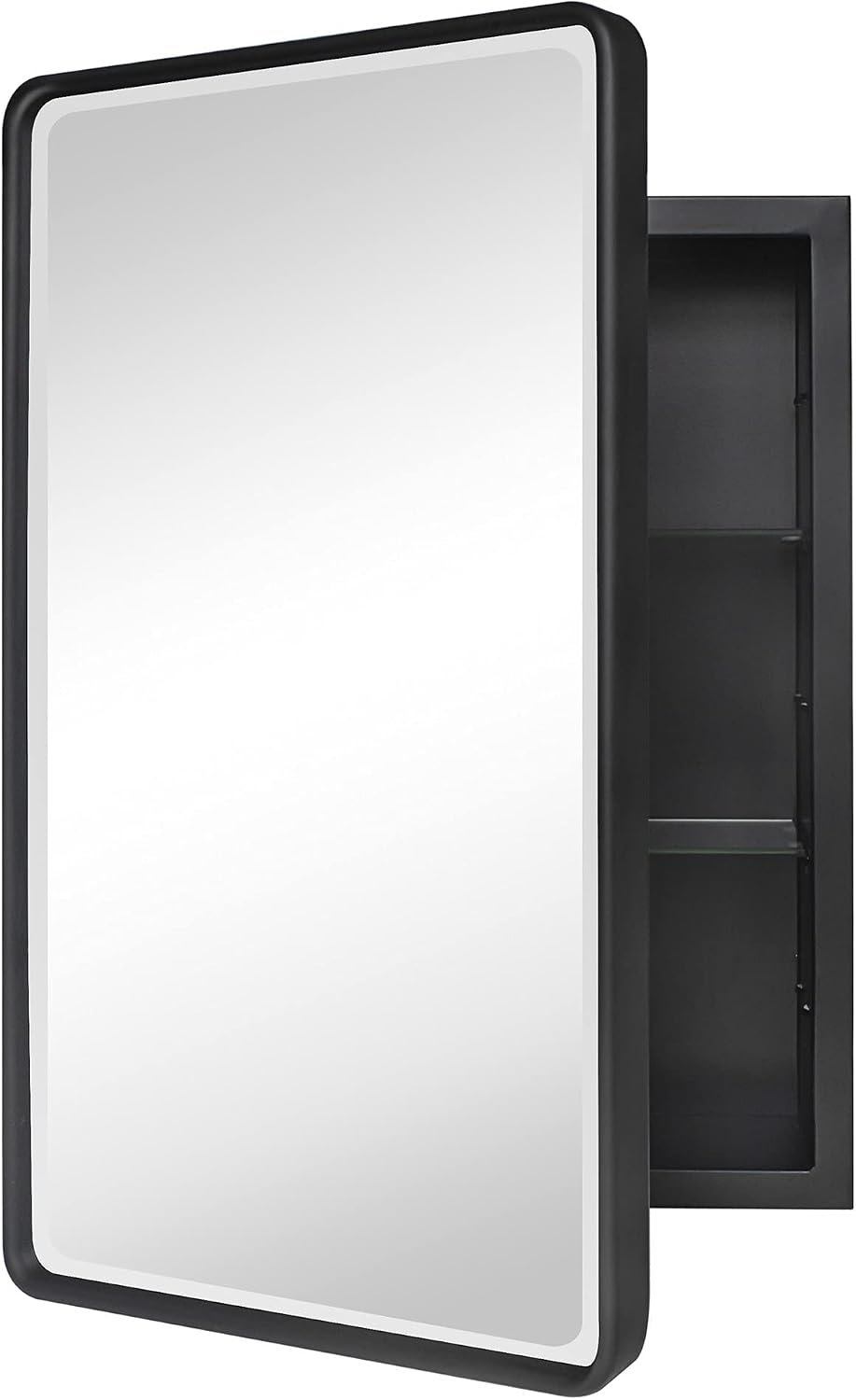 TEHOME Farmhouse Black Metal Framed Recessed Bathroom Medicine Cabinet with Beveled Mirror Rounded Rectangle Bathroom Medicine Cabinet 16×24 inch
