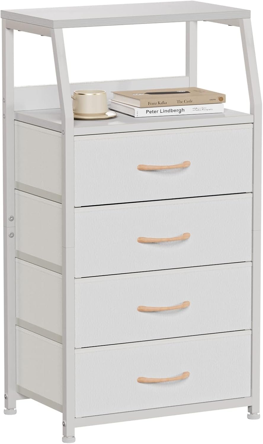 Tall Nightstand with 4 Fabric Drawers, Small Dresser for Bedroom | White Dorm Bedside Table , Dresser for Closet, Storage Drawer for Living Room, Entryway, Furniture, Metal Frame, Wood Top
