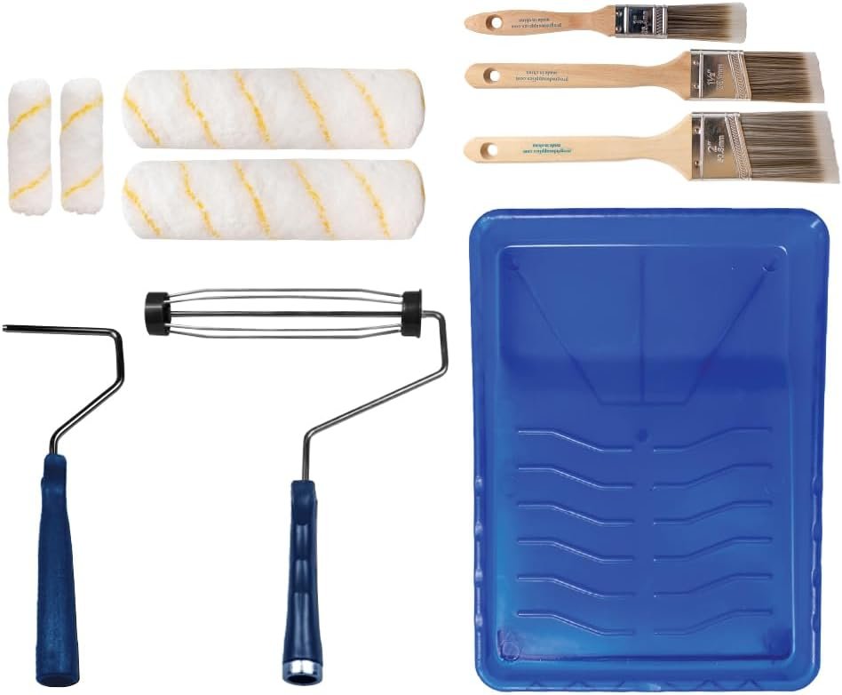 Pro Grade Paint Roller Kit, Paint Brushes, 4″ & 9″ Roller Covers for Walls | 10-piece set includes 2 frames & tray | Interior & exterior | Ceilings & trim | Smooth to semi-rough surfaces