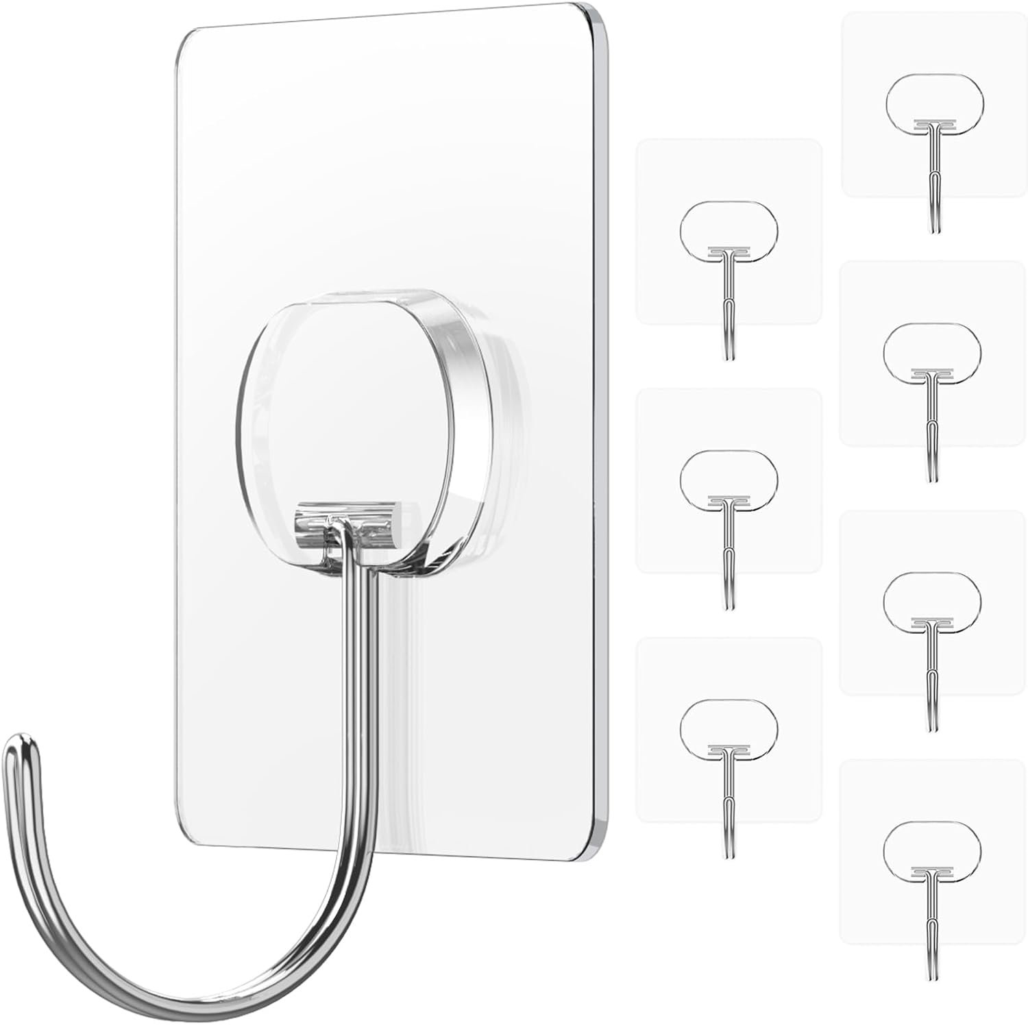 Adhesive Wall Hooks No Drill Large Clear Heavy Duty,13LB Sticky 8 Pack | Large Waterproof Transparent Sticky Hooks for Hanging,13lbs Max Load No Damage, Ideal for Towel,Coat,Bathroom,Kitchen,Home
