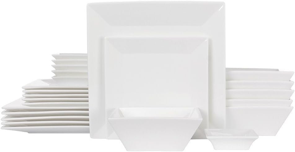 Off-White Porcelain 24-piece Dinnerware Set for 6, Square Plates and Bowls