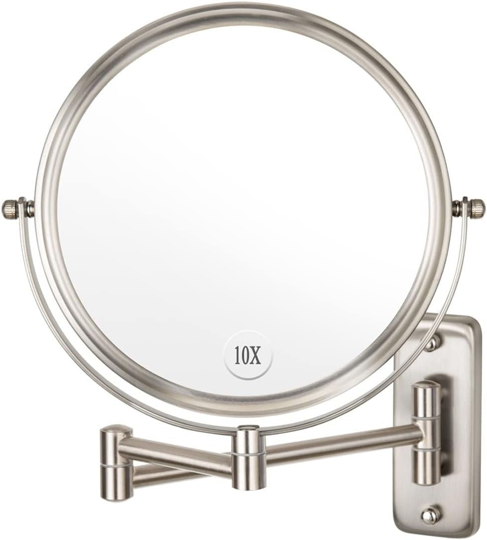 Wall Mounted Makeup Mirror – 1X/10X Magnifying Mirror Double Sided, 8 Inch Extendable Bathroom Mirror, Nickel Finish