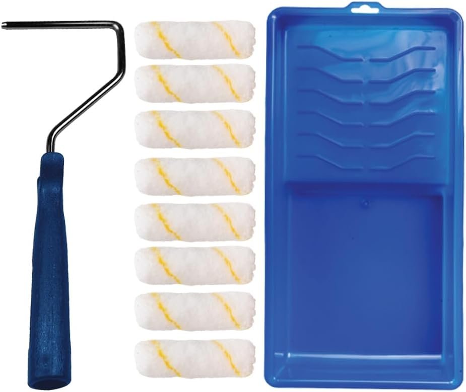 Pro Grade Mini Paint Roller Kit, 4″ 1/2″ Nap Roller Covers, Trim, 10 Piece | Includes 4-inch frame, tray & 8 sleeves | Cabinets, doors, edging & tight spaces | Interior & exterior