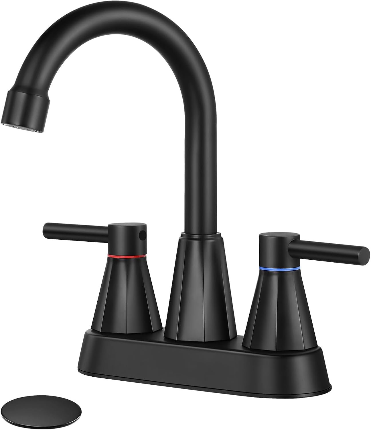 4″ Bathroom Sink Faucet, 2-Handle Matte Black, Pop-Up Drain Included | 360° swivel spout, ceramic cartridge, 20% water-saving aerator, RV ready