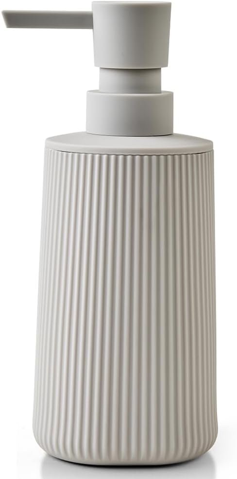 YAUKPH Small Soap Dispenser for Bathroom and Kitchen Matte Beige | Modern Farmhouse Striped Style Plastic Hand Soap Dish Soap Dispenser with Pump