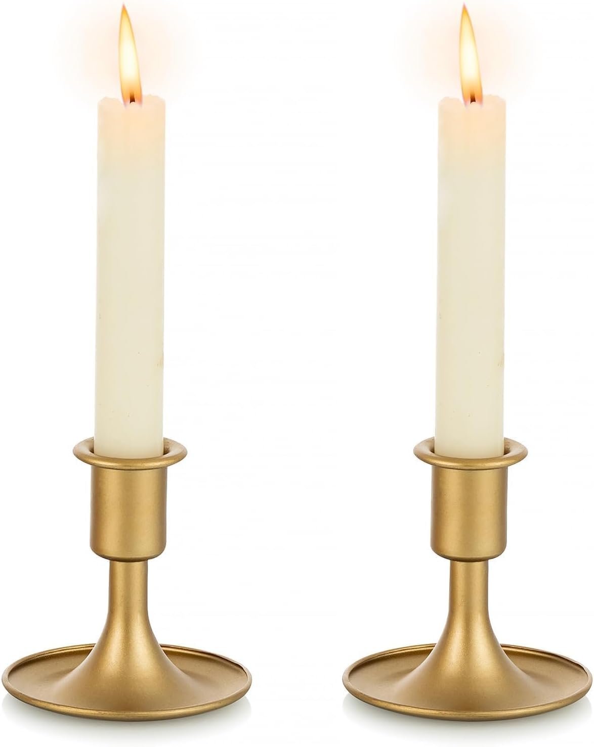 Gold Taper Candle Holder Set of 2, Hewory Short Skinny Brass Candlestick Holders, Vintage Small Low Metal Candles Sticks for Wedding Centerpieces Christmas Birthday Party Holiday Dinning Table Decor | Vintage Centerpieces for Party, Wedding, Christmas, Small Metal CandlesSticks for Tables, Mantel Decor, Shabbat