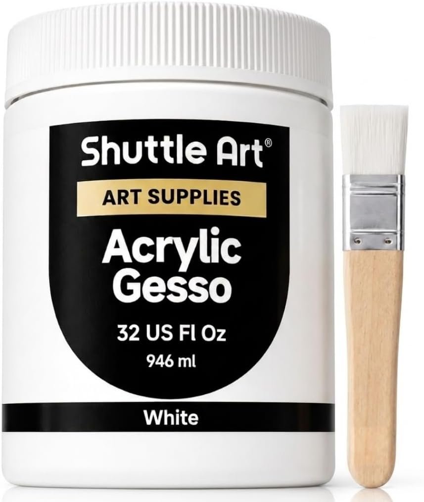 Shuttle Art White Gesso Primer for Acrylic Painting, 32oz / 946 ml Large Tub With Brush, Superior Coverage Surface Prep Medium for Acrylic & Oil Paint, Heavy Gesso Primer for Canvas,Wood,Paper,Plaster