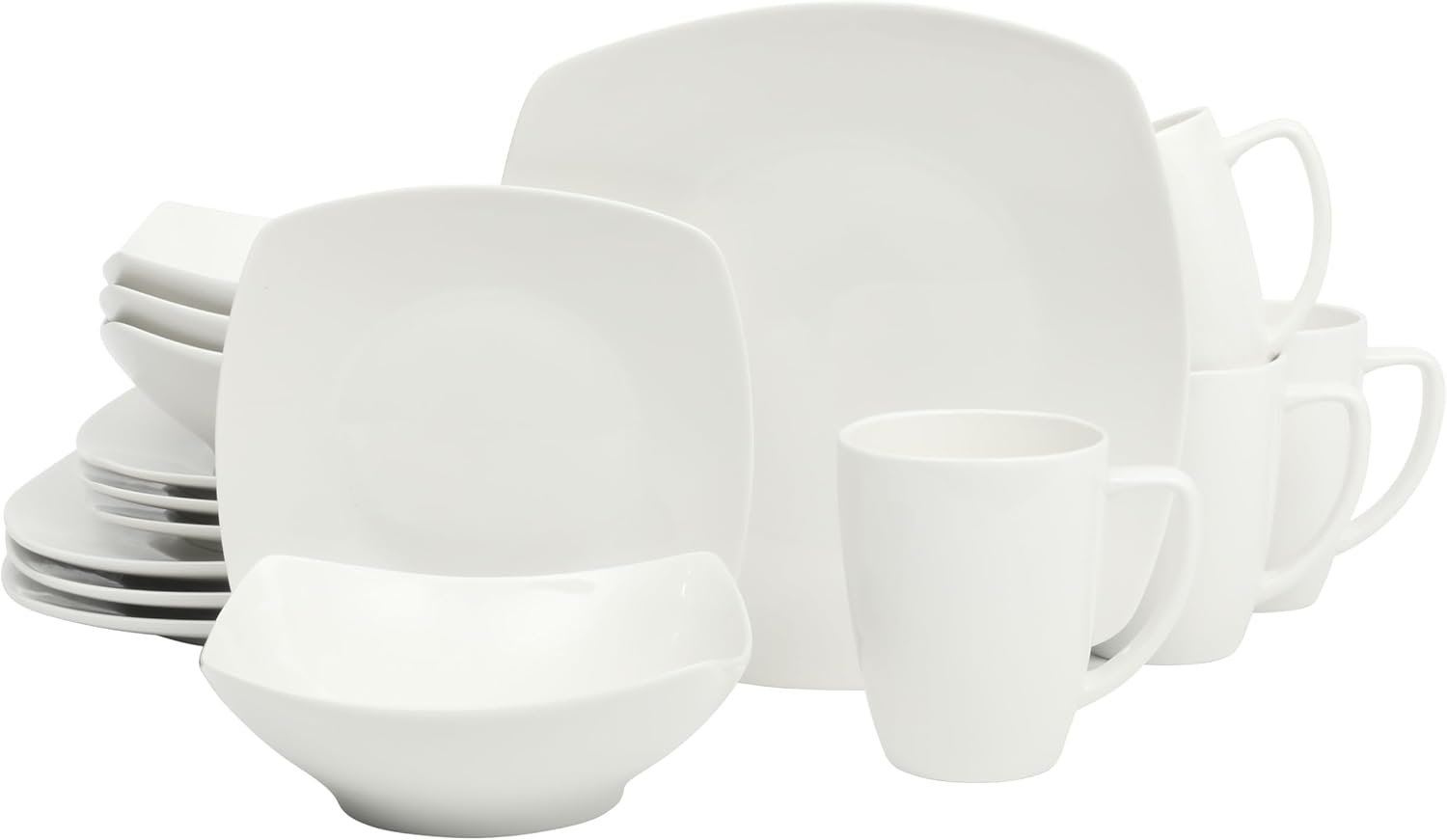 Gibson Home Zen Buffet White Porcelain Dinnerware Set for 4, Square Plates Bowls and Mugs, Chip and Scratch Resistant, Dishwasher and Microwave Safe, 16 Piece