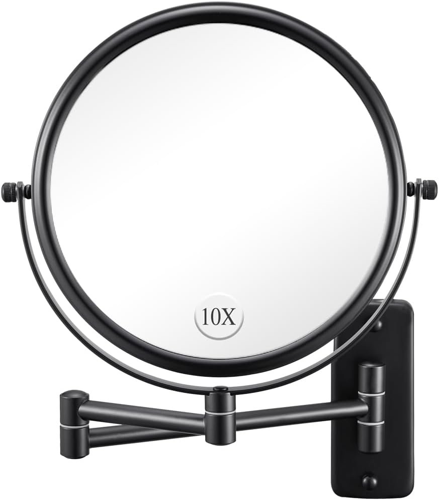 Wall Mounted Makeup Mirror – 1X/10X Magnifying Mirror for Wall, 8 Inch Double Sided 360° Swivel Extendable Bathroom Mirror for Shaving, Black
