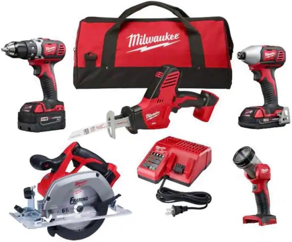 Milwaukee M18 18-Volt Lithium-Ion Cordless 5-Tool Combo Kit, 2 Batteries, Charger, Carrying Case