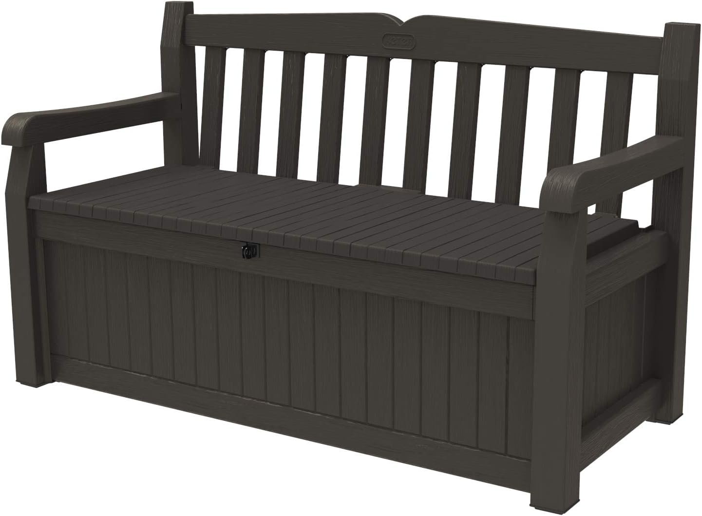 Keter Solana 70 Gal Outdoor Storage Bench for Patio and Pool Accessories | Brown, Resin, Seating, Weatherproof, Lockable, Durable, Easy Assembly, Organization, Patio Cushions Storage, Garden Tools