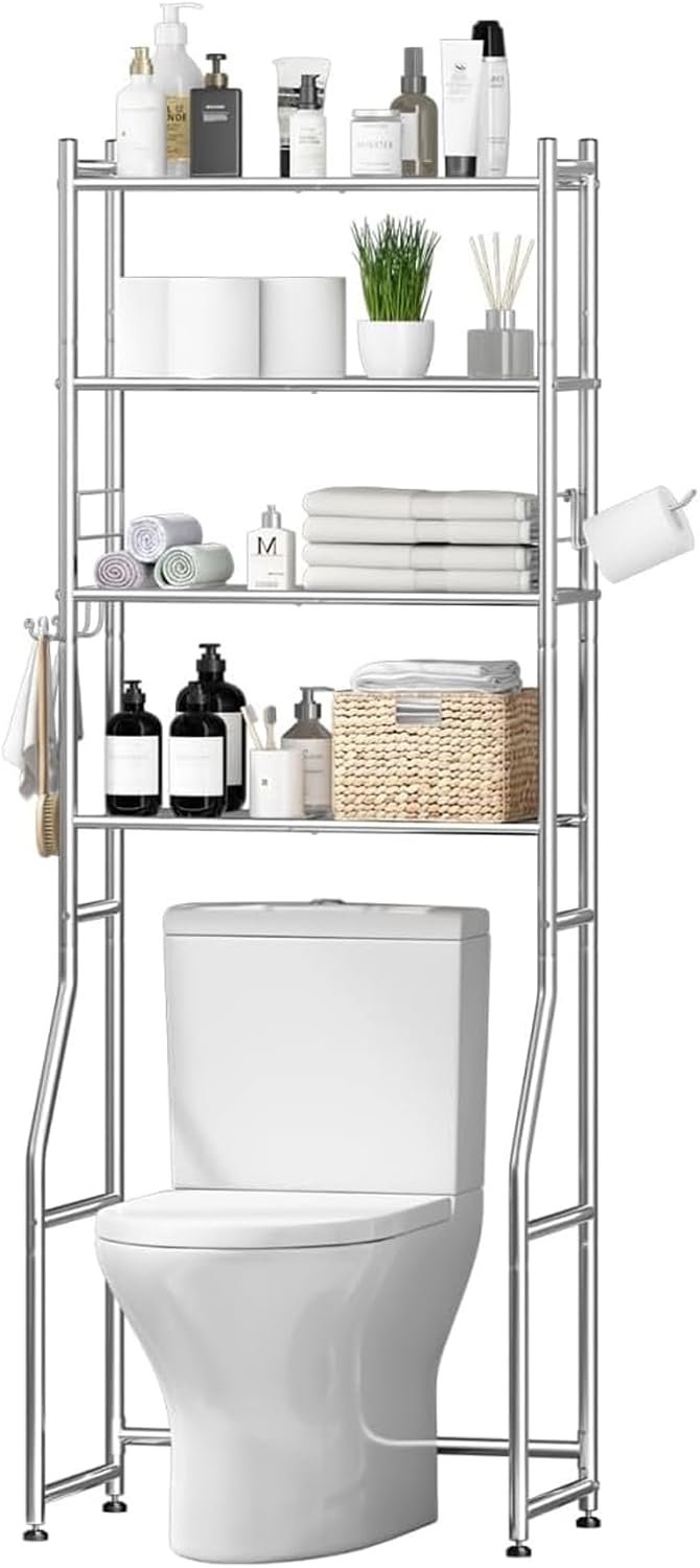 Ekisemio Over the Toilet Storage Cabinet, Metal 4 Tier Bathroom Shelves Over Toilet, Bathroom Oragnizer with 4 Hooks and Paper Holder, Chrome