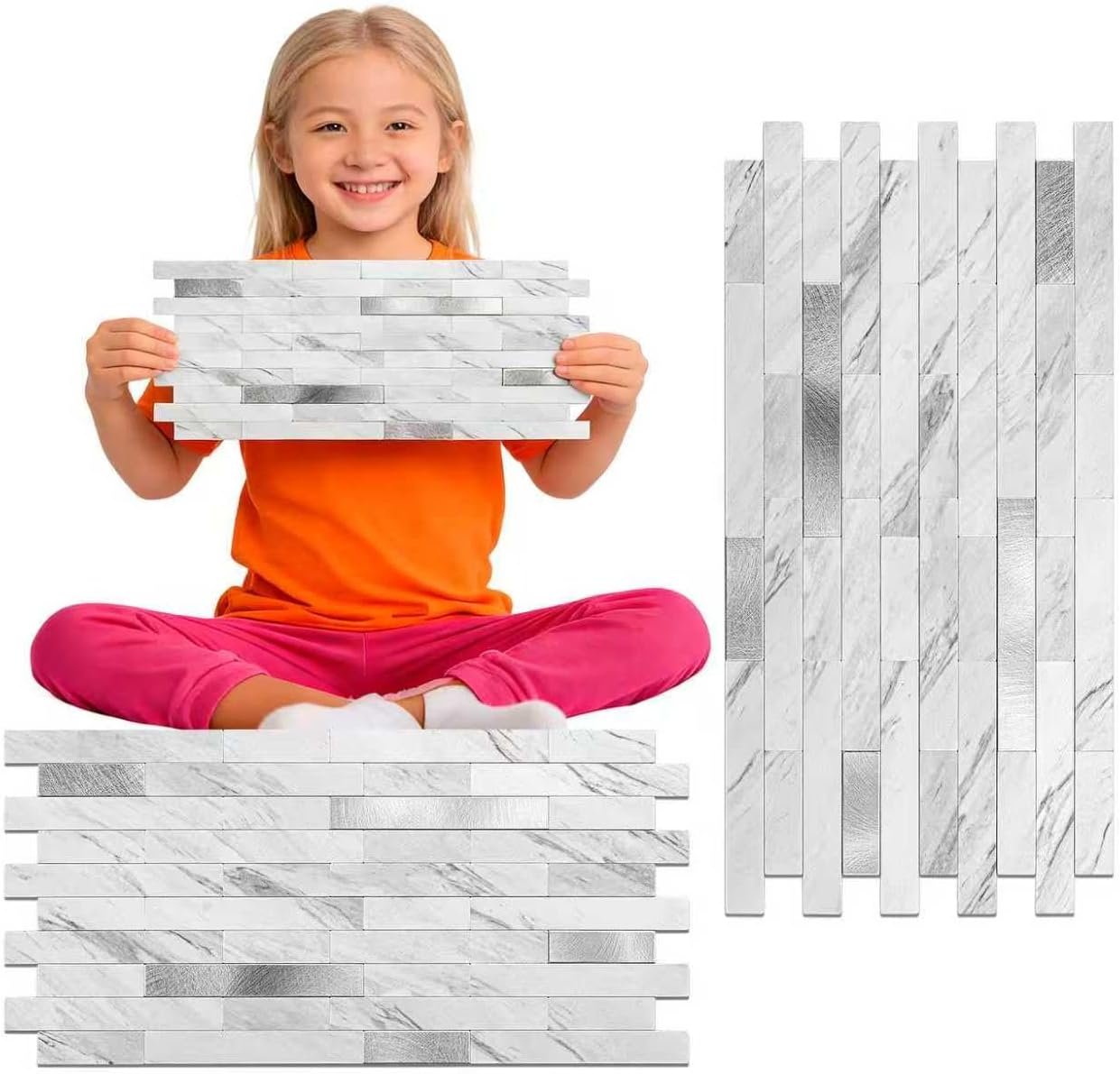 Peel and Stick Backsplash Tile Waterproof Removable PVC Wall Sticker 3D Faux Stone Marble Brick White Accent Panels (White Marble – Metal Silver, 20 Tiles – 9 sq. ft. (0.84 M²))