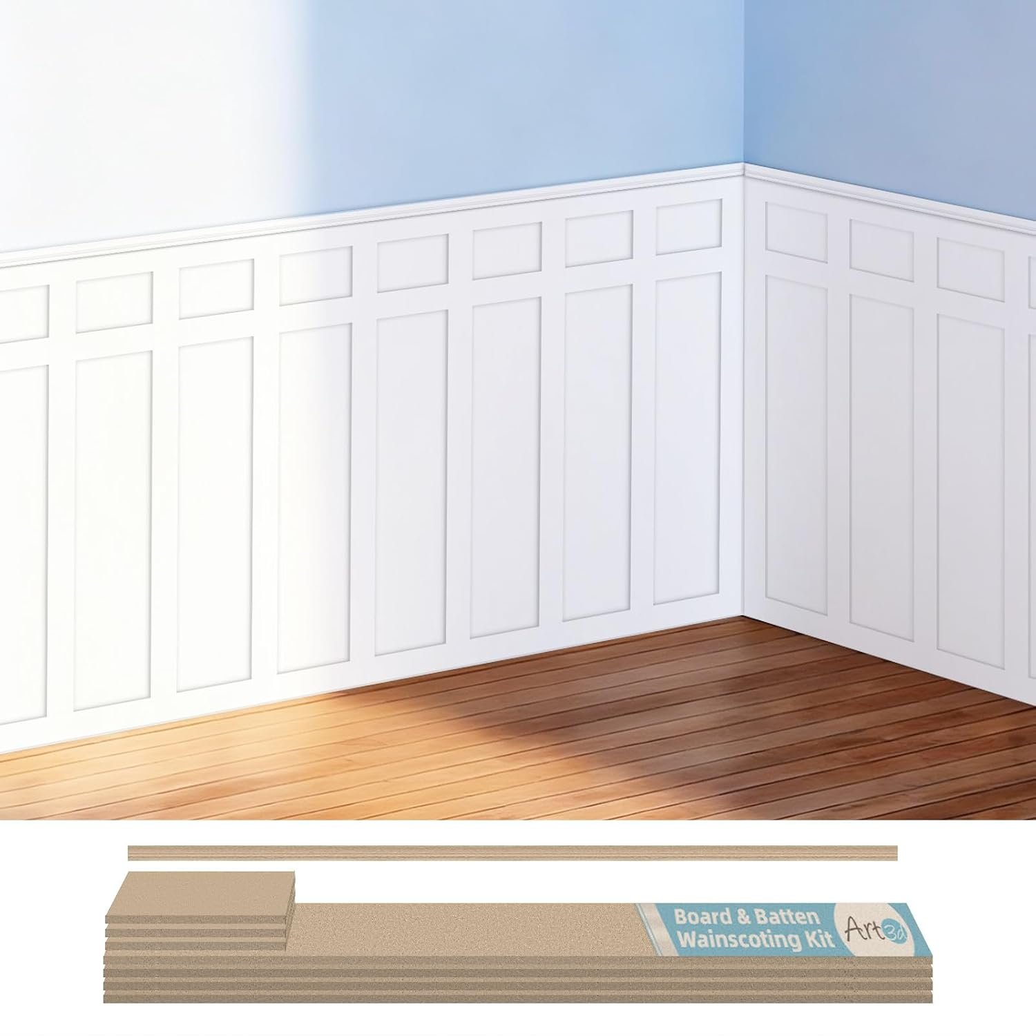Art3d Premade Board and Batten Paintable Wainscoting Kit Covers 94.5 x 54 in., Precut MDF Accent Wall Panel for Living Room Hallway Bedroom Home Decor, Molding Trim Slat with Edge Strip
