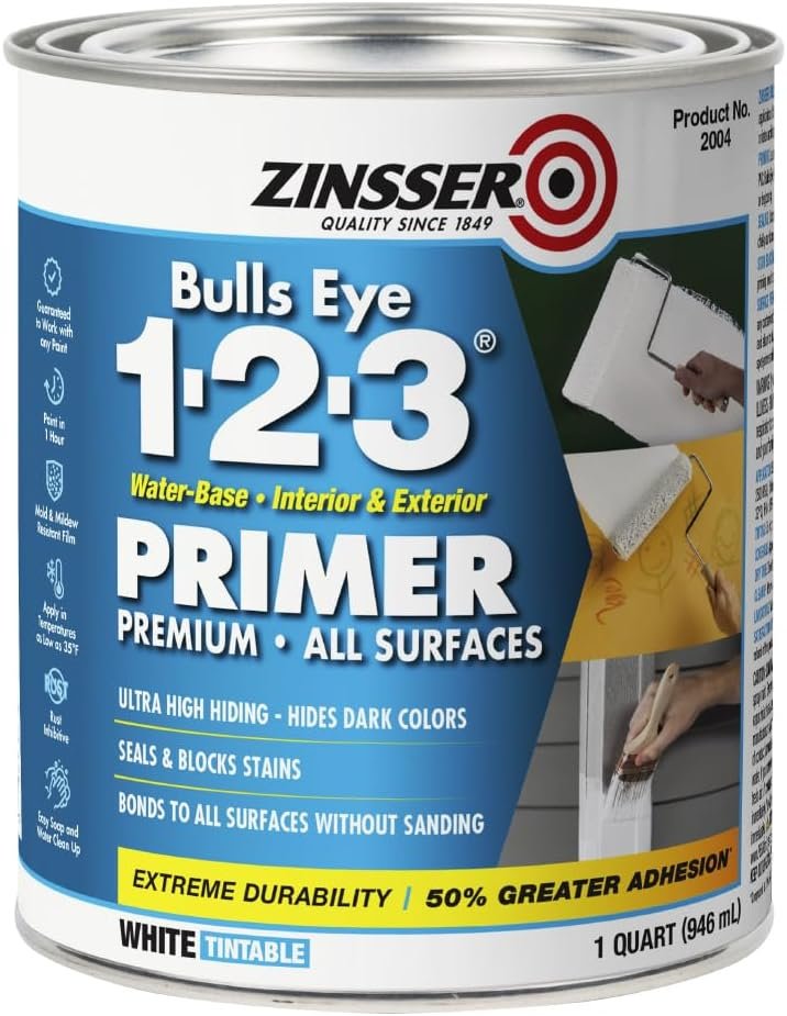 Zinsser Bulls Eye 1-2-3 Water-Base Primer & Sealer, White, Quart | Bulls Eye 1-2-3 water-base primer-sealer, Quart, White. All-surface stain-blocking primer for interior & exterior; sticks.