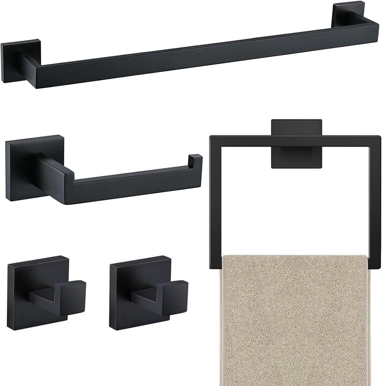 JOPOFI 5 Piece Towel Bar Set – 23.6Inch Bathroom Towel Holder – Matte Black | Stainless Steel Towel Racks for Bathroom Wall Mounted, Towel Rod for Bathroom Wall