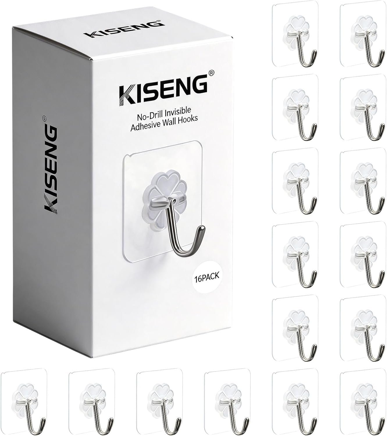 16 Pack Crystal Clear Adhesive Hooks for Hanging, Heavy Duty 22lb | Sticky Hooks, Invisible Clear Wall Hooks No Drill No Damage, Waterproof Shower Hooks for Bathroom Kitchen Towel Keys