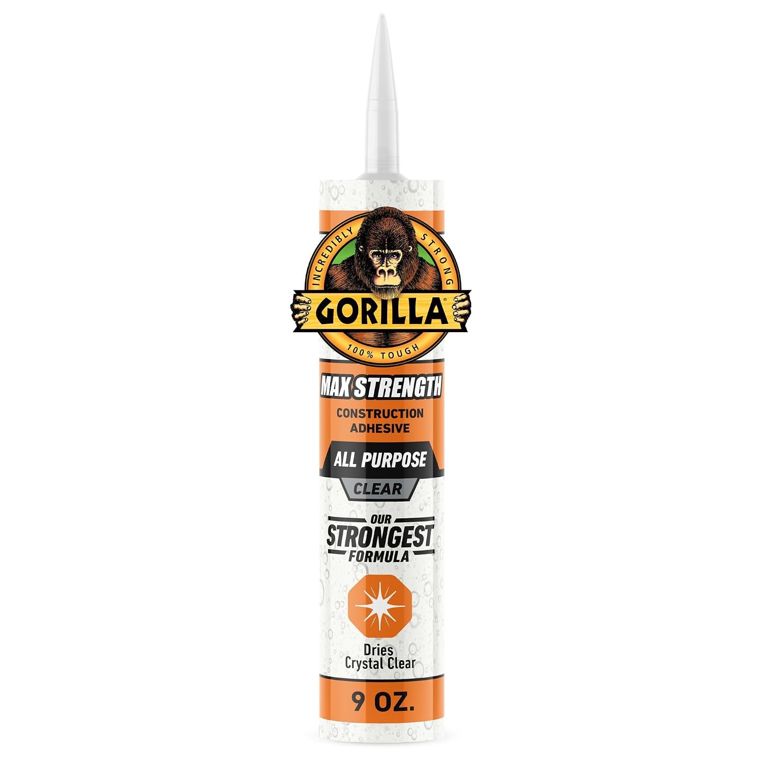 Gorilla Max Strength Construction Adhesive, Clear, 9 oz Cartridge | Waterproof Gap-Filling Formula, Paintable & Sandable, Indoor and Outdoor Use, Works on Wood, Metal, Tile, Stone,& More
