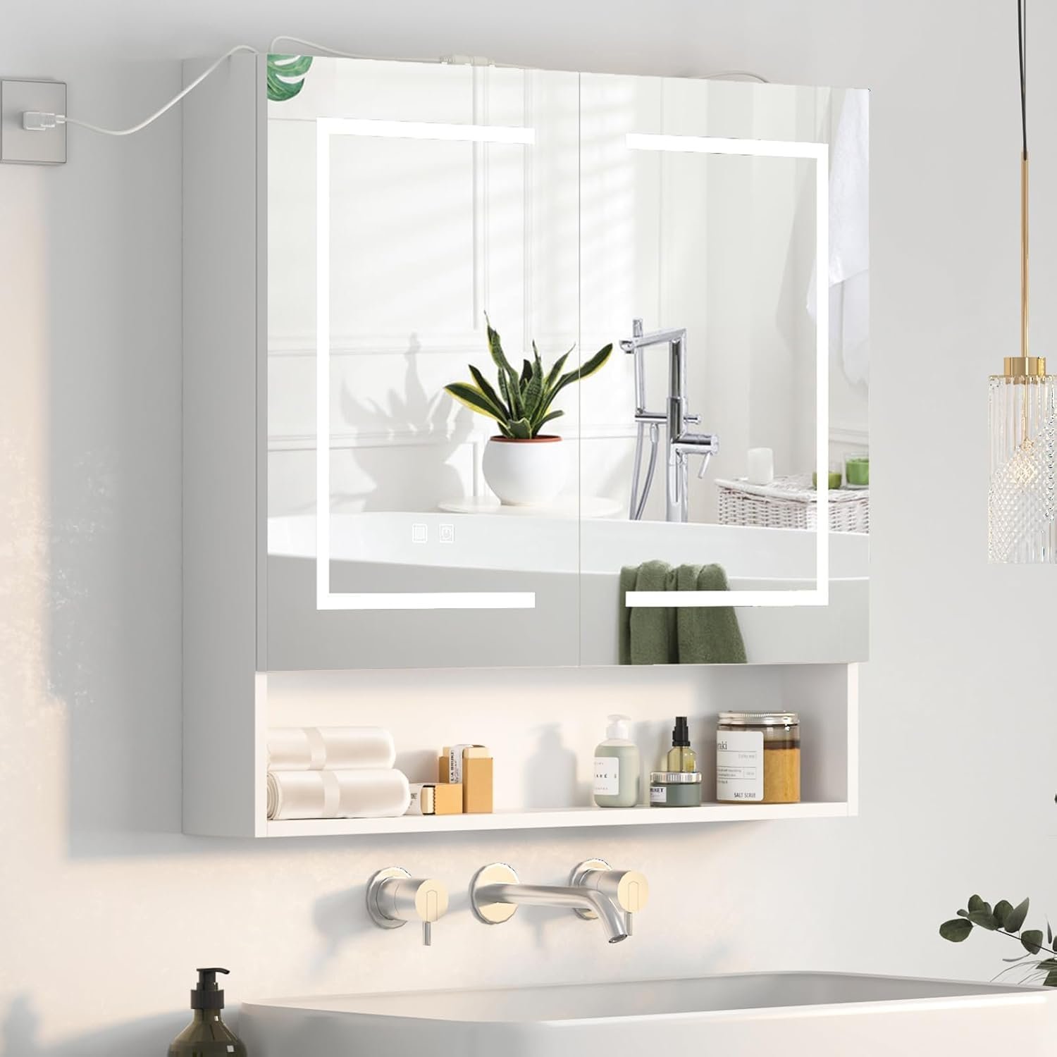 Lighted Medicine Cabinet with 2 Doors,Large Led Medicine Cabinet with Mirror,Anti-Fog, Wall-Mounted Bathroom Mirror with Storage,Brightness Adjustable,31.5″ Wx30 H