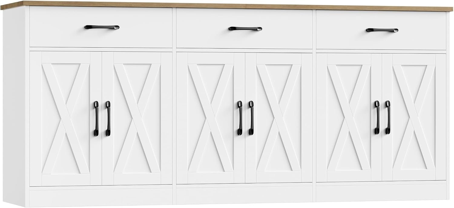 HOSTACK 71″W Farmhouse Kitchen Sideboard Buffet Cabinet with Storage, White | Large Coffee Bar Cabinet with 3 Wide Drawers, Long Buffet Table with Shelves, Kitchen Storage Cabinet for Dining Room