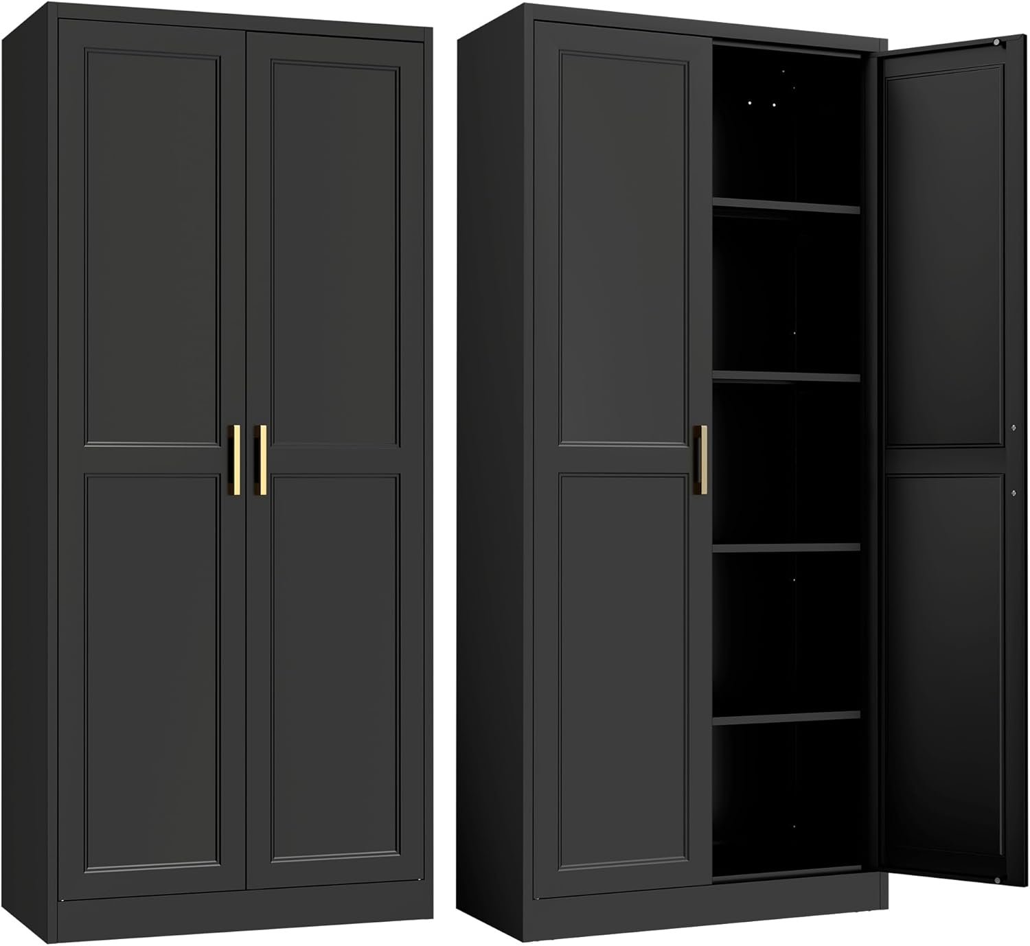 Steeloong 71″Metal Pantry Storage Cabinet with Doors & 4 Adjustable Shelves | Kitchen Pantry Cabinet,Black Kitchen Cabinet with 2 Gold Handles,Tall Cabinet for Livingroom,Pantry, Bathroom,Kitchen,Garage