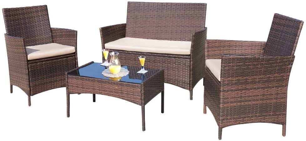 Homall 4 Pieces Outdoor Patio Furniture Set, Rattan Chairs, Brown & Beige | Outdoor Furniture, Wicker Patio Set, Balcony and Porch Furniture, Outdoor Dining Set for Backyard, Garden, Poolside