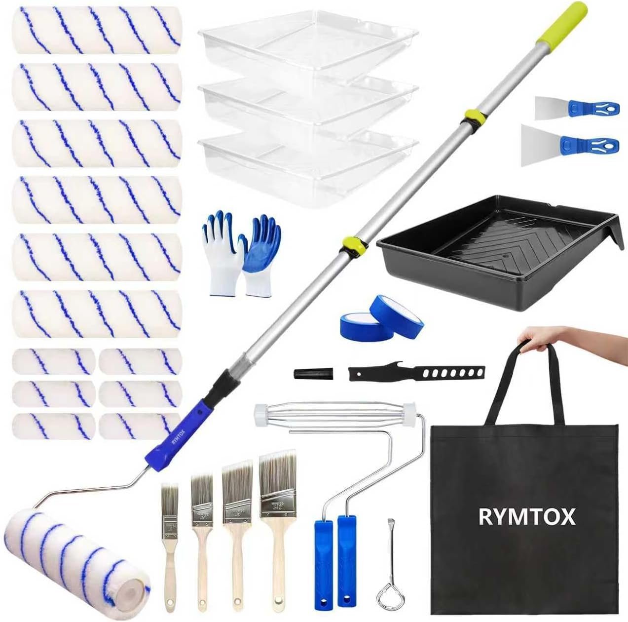 33PCS Complete Paint Roller Kit with Extension Pole & Carry Bag | 2-4 FT Painting Supplies Set with 9″ & 4″ Microfiber Rollers, Brushes, Tray & Tape for Walls, Ceilings & DIY Room Repainting