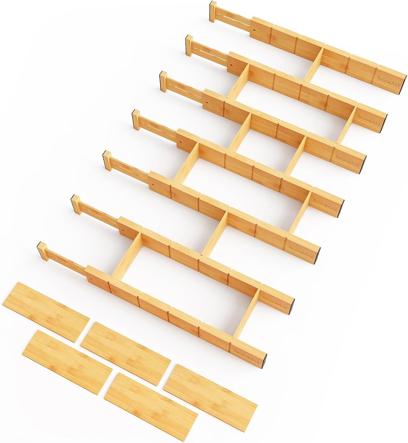 SpaceAid Bamboo Drawer Dividers with Inserts and Labels, Kitchen Adjustable Drawer Organizers, Expandable Organization for Home, Office, Dressers, 7 Dividers with 15 Inserts (17″-22″ Natural)