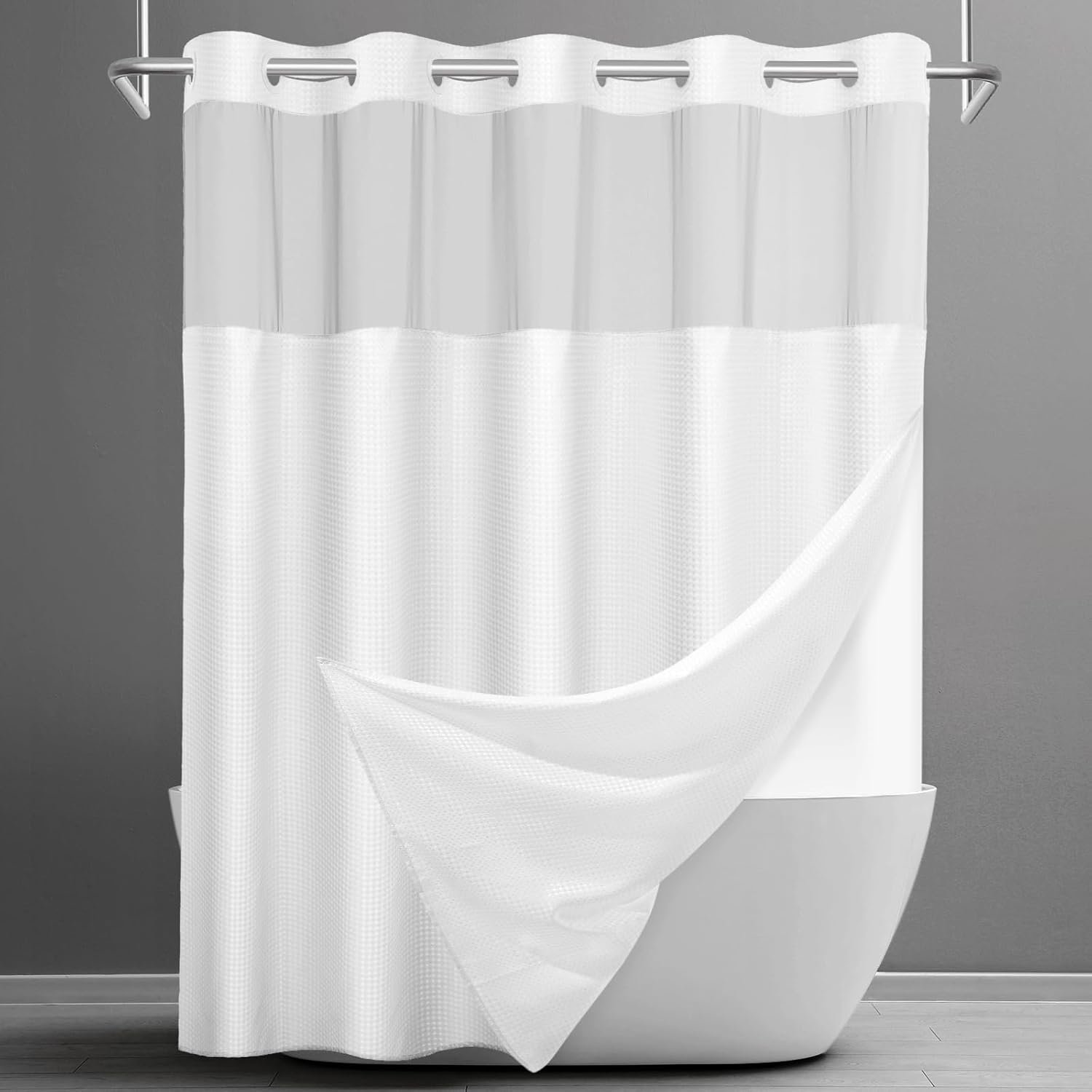 SORTTO No Hook Shower Curtain with Snap in Liner Set Waffle Shower Curtain for Bathroom Hotel Style Fabric Waterproof Inner Liner，71″ W x 74″ H, White