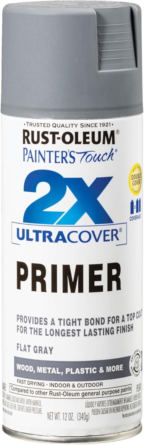 Rust-Oleum Painter’s Touch 2X Spray Primer, Flat Gray | Indoor and Outdoor Surfaces (Metal, Wood, Plastic), Fast Dry, Durable, Sprays from Any Angle, Comfort Tip, Oil Based