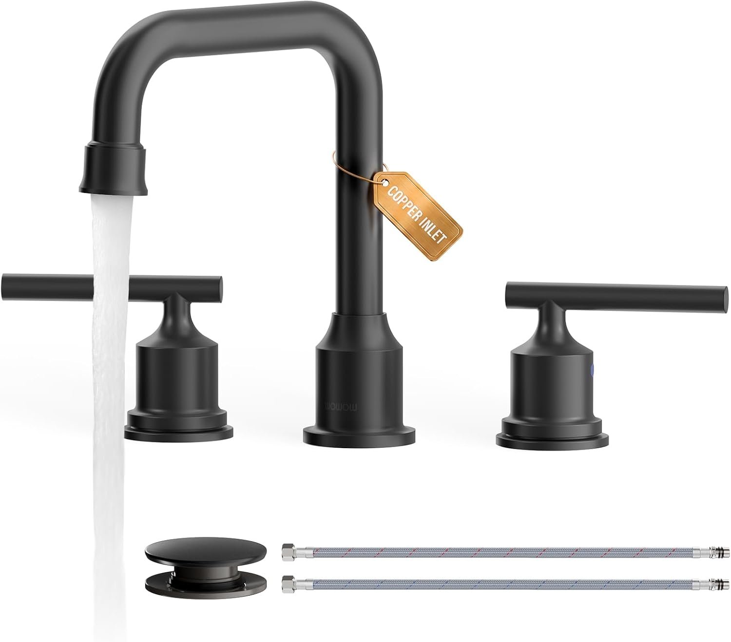 WOWOW Black Bathroom Faucet 3 Hole, Widespread Vanity Sink Faucets 8 Inch | Copper Inlet Matte Black Faucet for Bathroom Sink with Swivel Spout, Two Handles Lavatory Tap with Drain and cUPC Supply Line