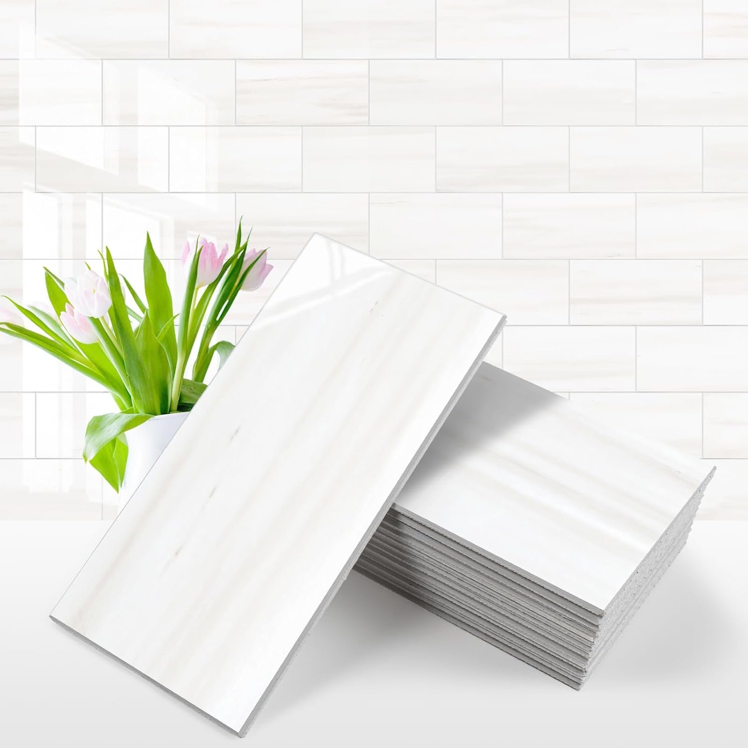 Vamos Tile 100-Piece Glossy Dolomite White Peel and Stick Backsplash Tile,3”x6” PVC Subway Tile with White Grout, Stick on Backsplash for Kitchen/Bathroom/Fireplace