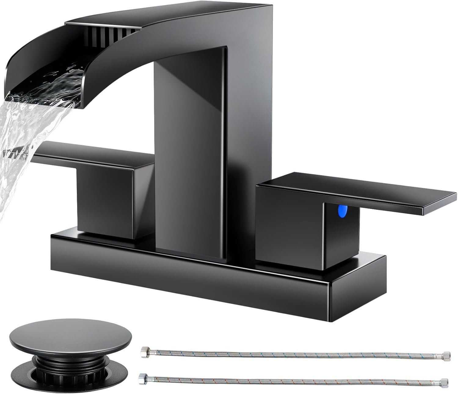 Cobbe Waterfall Bathroom Faucet, Matte Black 4 Inch Centerset 2 or 3 Hole | Bathroom Sink Faucet Square with Pop-Up Drain, 2 Handle and 2 Supply Hoses, Lead-Free Stainless Steel for Vanity Sink Rv