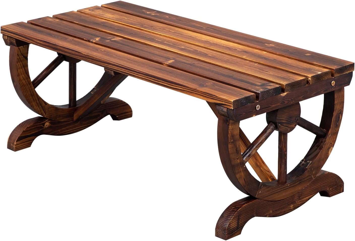 Wooden Garden Bench, Outdoor Rustic Wagon Wheel Bench | Carbonized Finish & Fir Construction for Garden Porch Backyard Patio Park, Seats 2 Person Brown