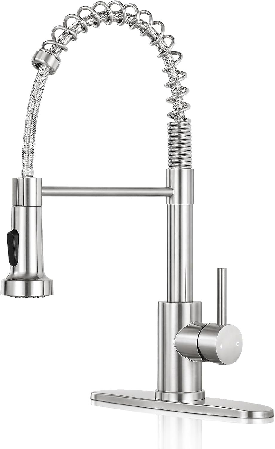 Kitchen Faucet with Pull Down Sprayer, Brushed Nickel | 2-mode sprayer, 360° high arc spout, 304 SS build, drip-free valve, fingerprint-resistant, DIY install, NSF certified