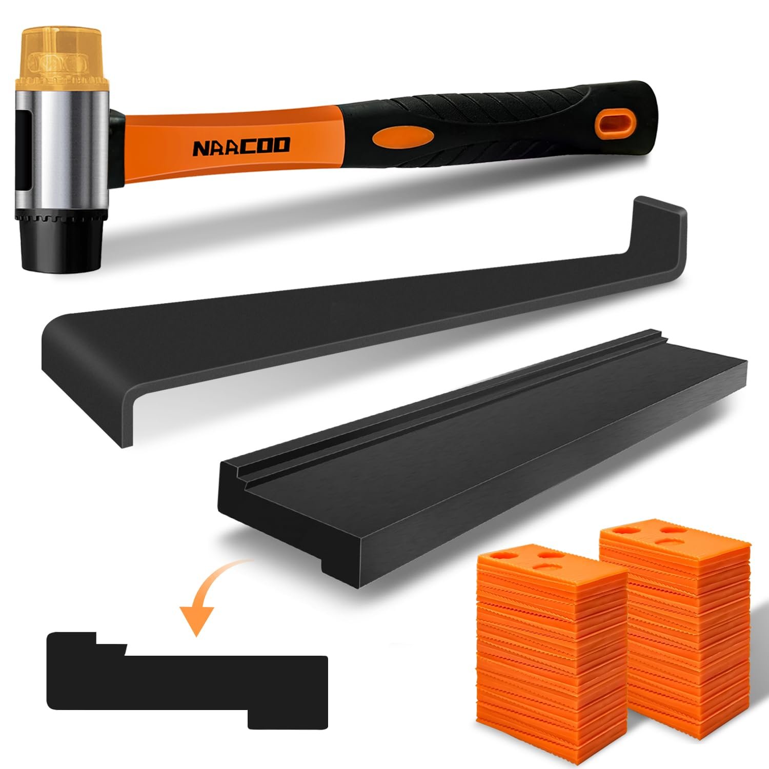 Laminate Flooring Tools, Universal 4 in 1 Floor Installation Kit | Tapping Block-Double Sided with Notches, Pull Bar, 40Pcs Floor Spacers, Rubber Mallet