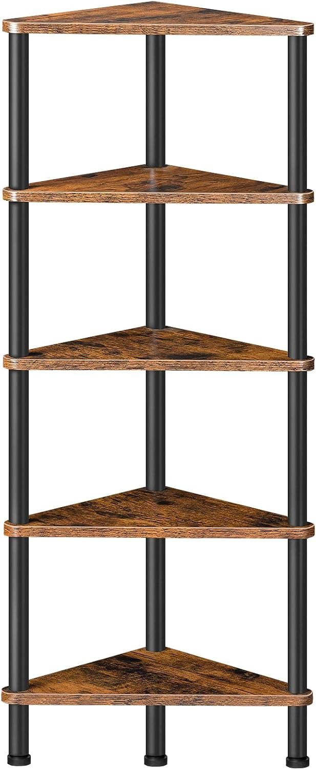 HOOBRO Corner Shelf Stand, Industrial 5-Tier Corner Bookshelf with Metal Frame, Plant Display Shelf, Small Bookcase for Small Spaces, Bedroom, Living Room, Rustic Brown BF33CJ01