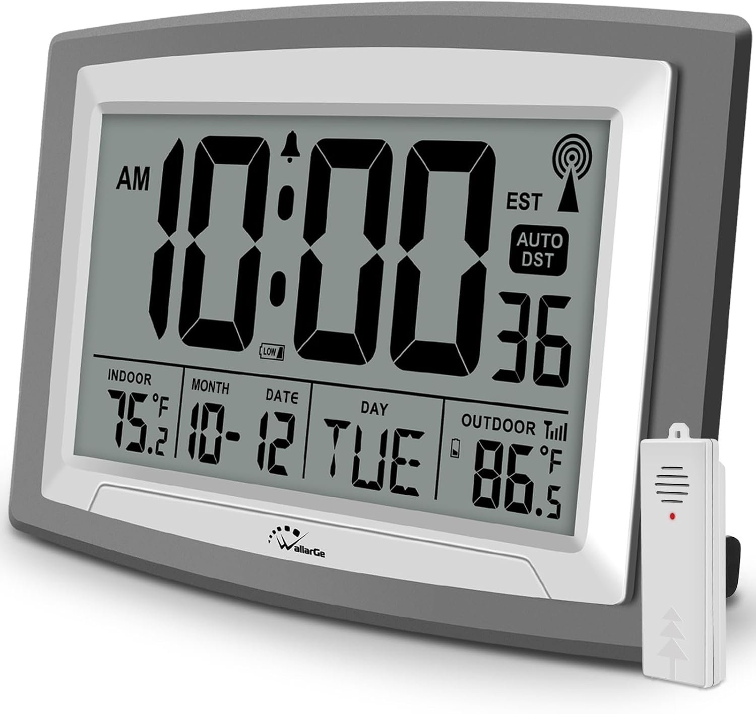 WallarGe Atomic Clock 12.5 Inch Self-Setting Digital Wall Clock | Indoor/Outdoor Temperature, Battery Operated Wall Clocks or Desk Clocks, Large Display for Classroom, Garage, Office