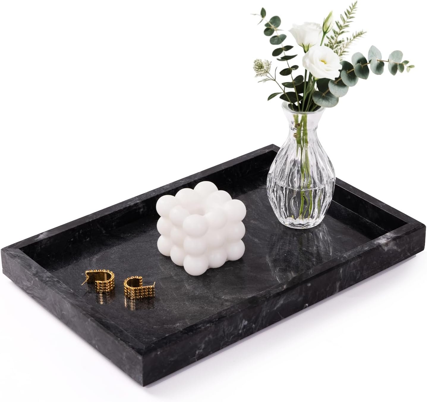 Marble Bathroom Tray for Countertop & Home Decor, Natural Decorative Marble Tray for Jewelry & Perfume Organizer, Luxury Stone Vanity Trays for Dresser, Kitchen Counter, 12″ x 8″, Gray Black