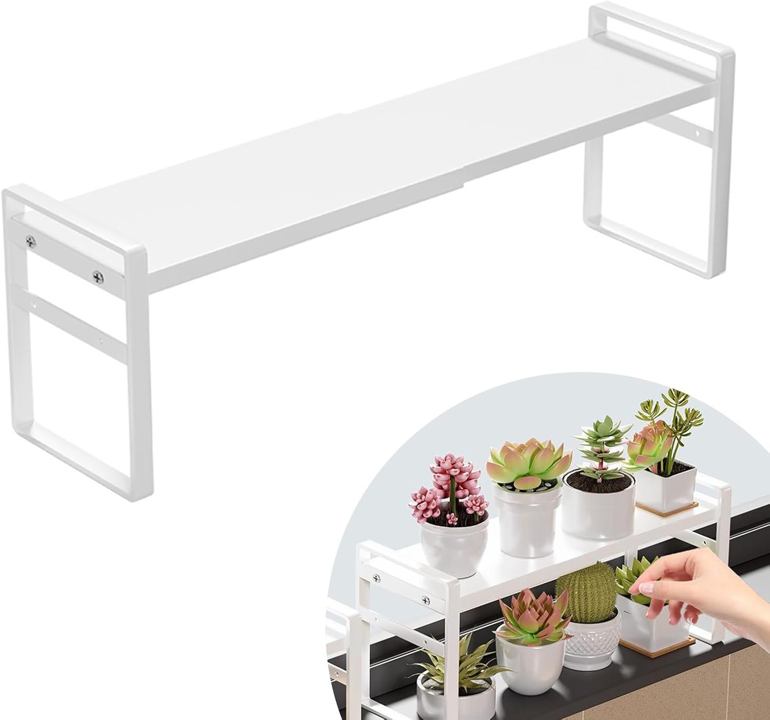 Retractable Over The Sink Shelf – Carbon Steel Window Sill Plant Shelves, Kitchen Counter Shelf for Plants & Storage Organization Accessories (White)