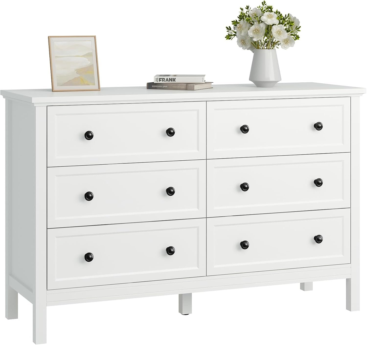 CARPETNAL 47″ White Dresser for Bedroom with Modern Gold Handles & 6 Drawer | Wood Dessers & Chests of Drawers with Metal Handles for Hallway, Entryway, Living Room