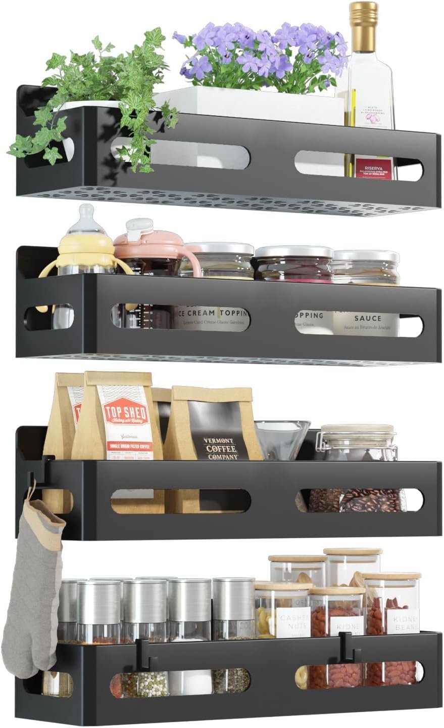 4-Pack Magnetic Spice Rack for Refrigerator with Hooks, Black | Strong multipurpose magnetic shelf for kitchen & bathroom organization. Includes 4 removable hooks for hanging items.