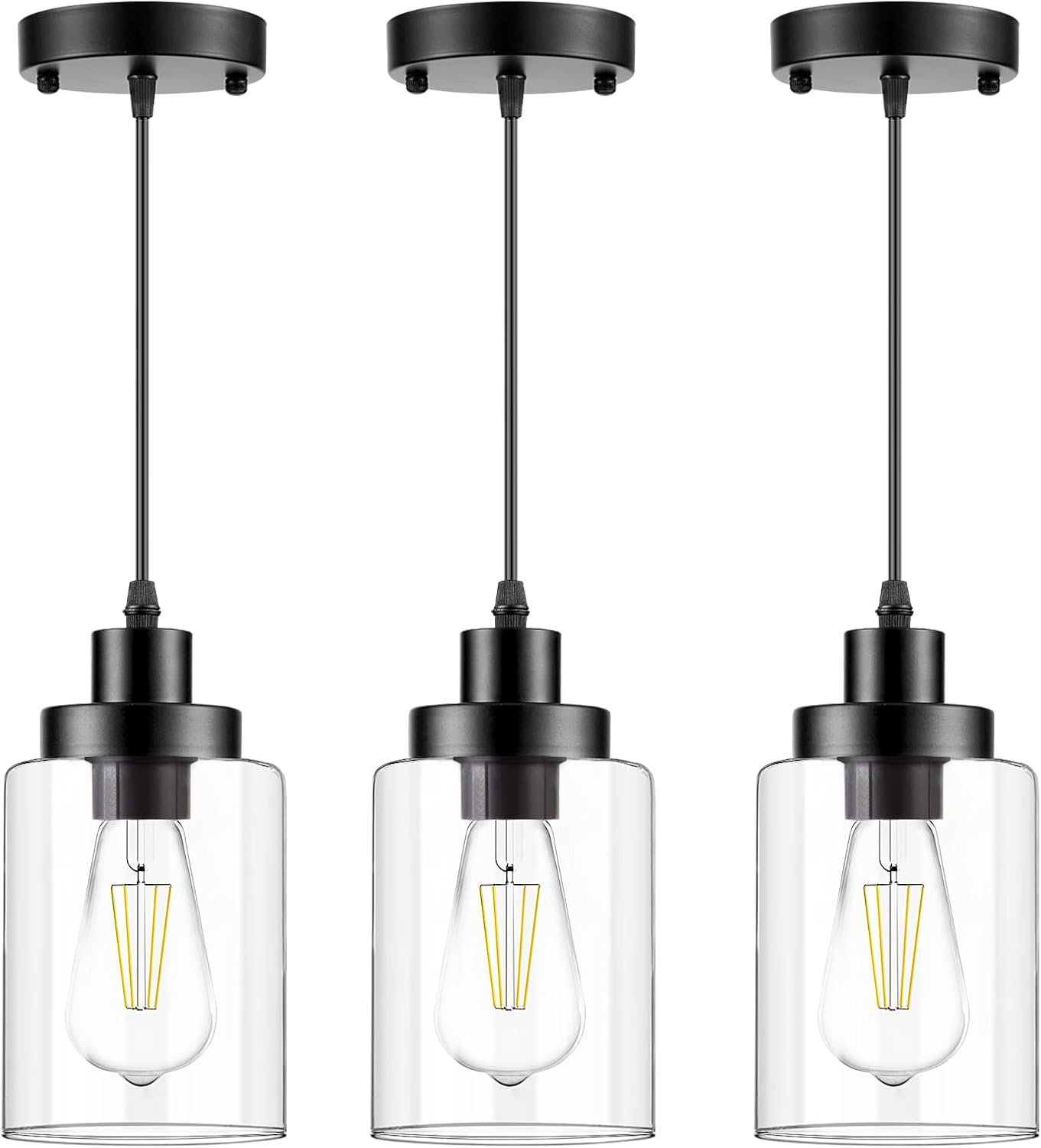WimiSom Industrial Pendant Lighting, Modern Clear Glass Shade Farmhouse | Adjustable Hanging Light Fixtures for Kitchen Island Living Room Bedroom Hallway, 3-Pack