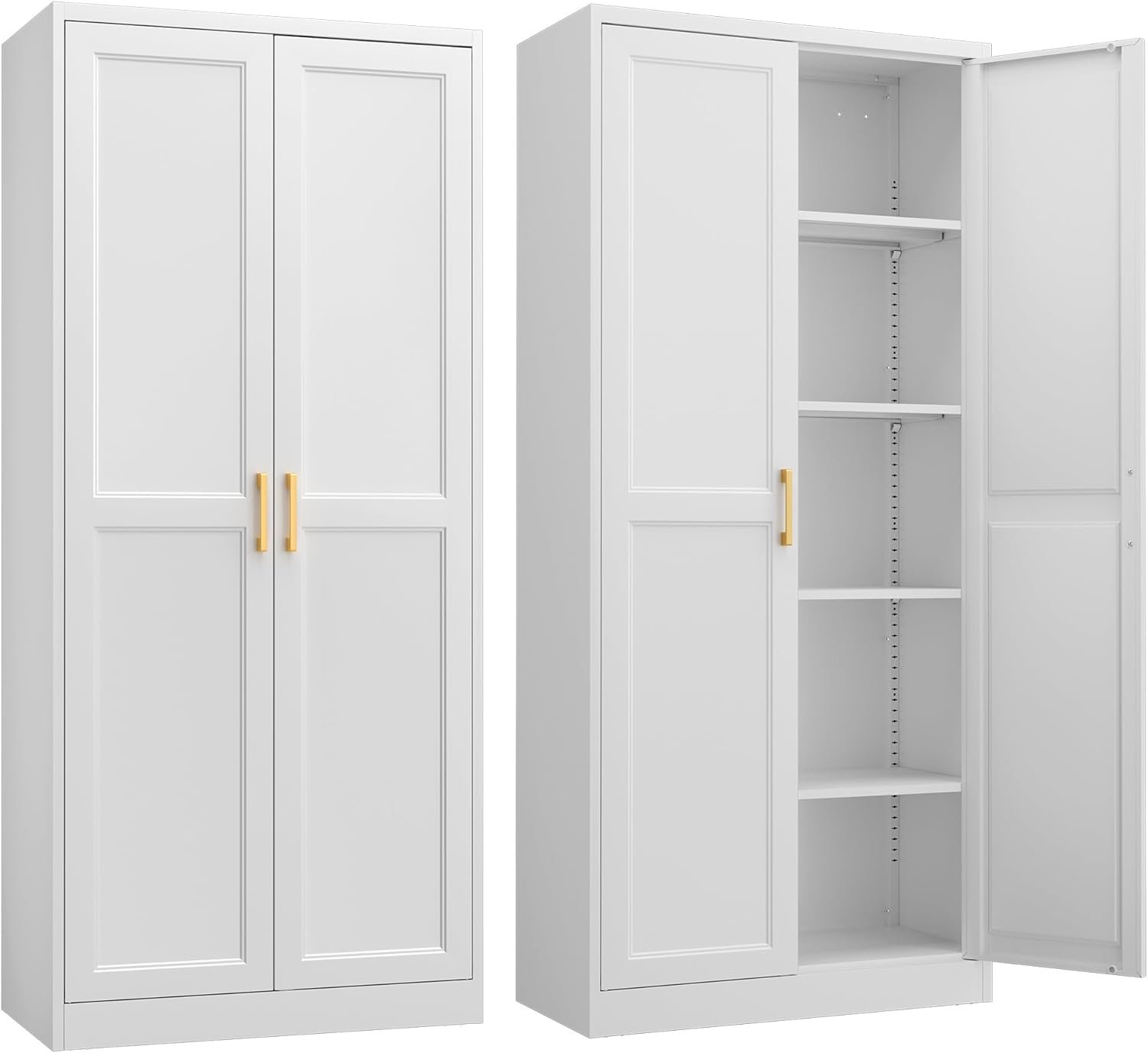 Steeloong 71″Metal Pantry Storage Cabinet with Doors & 4 Adjustable Shelves | Kitchen Pantry Cabinet,White Kitchen Cabinet with 2 Gold Handles,Tall Cabinet for Livingroom,Pantry, Bathroom,Kitchen