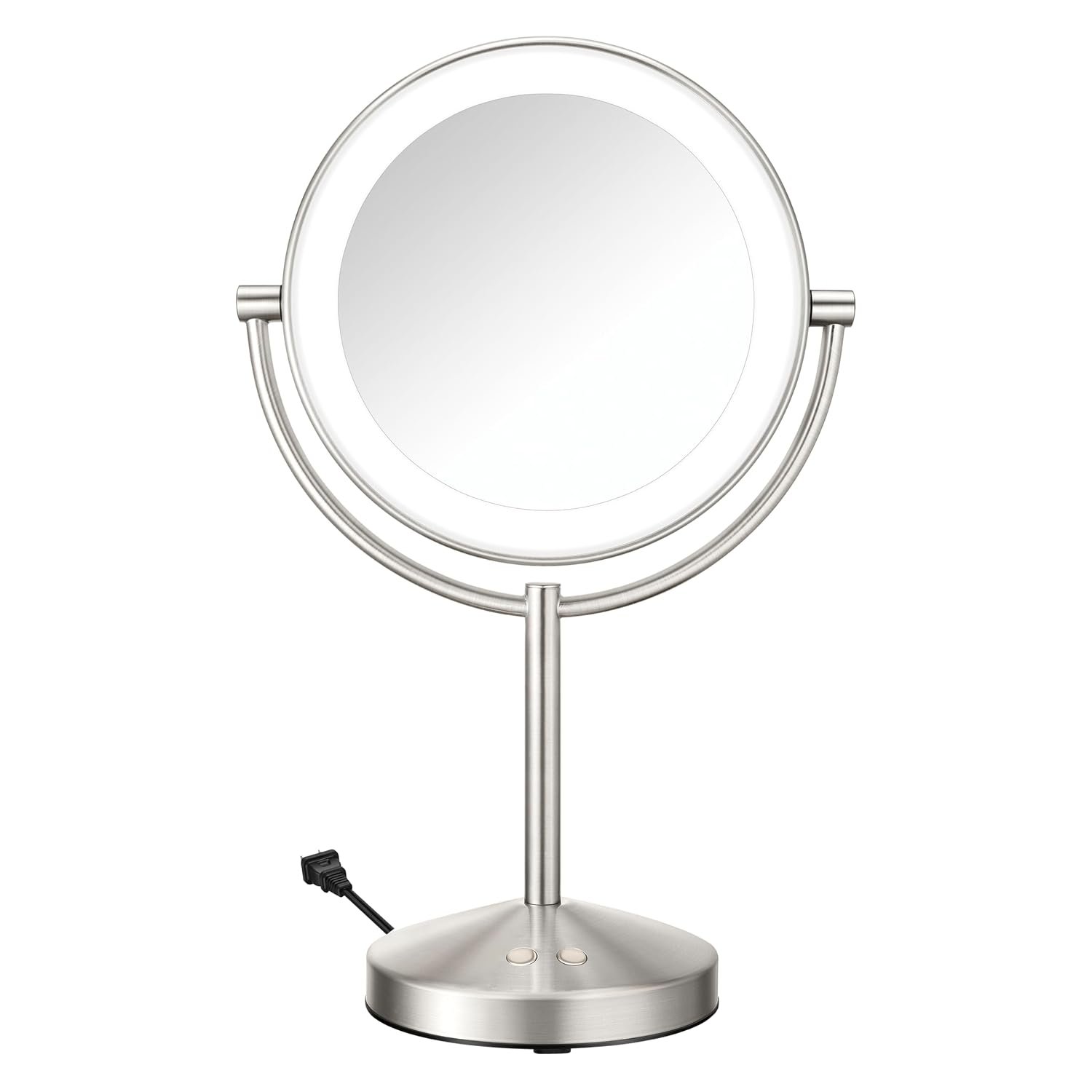 Conair LED Vanity Mirror, Double-Sided, 10x Maginification, Satin Nickel | Lighted makeup mirror with 3 color modes, 360° rotation, a satin nickel finish, a 5-foot power cord, and an 8.5″ mirror