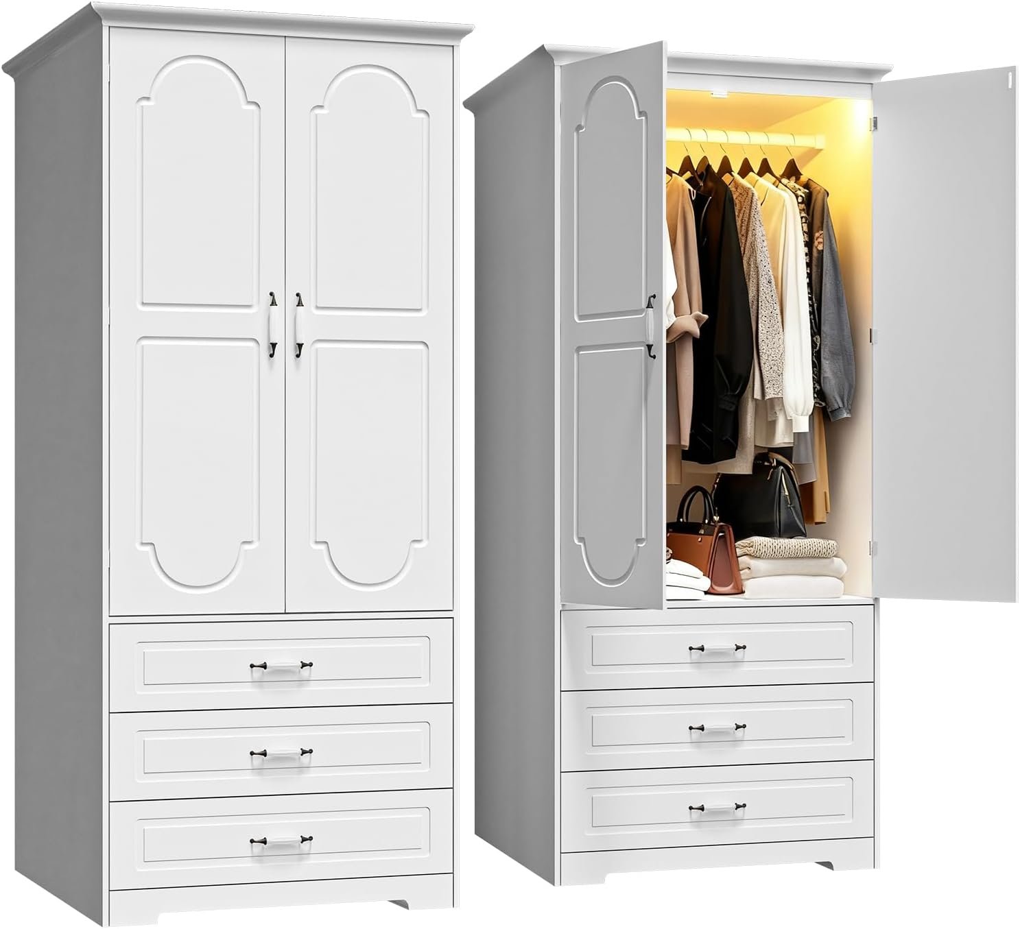 FJTJBSI Armoire Wardrobe Closet with 3 Drawers and LED Light 72″ Wooden Bedroom Armoire with 2 Doors and Retro Ceramic Door Handles Modern Wardrobe Cabinet with Removable Hanging Rod White