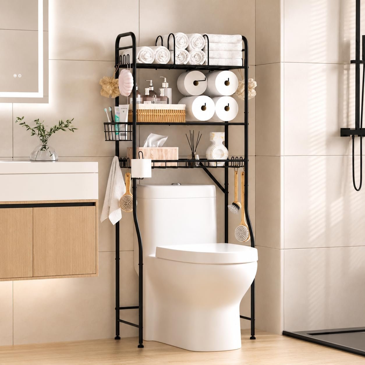 TETOTE Over The Toilet Storage Rack, 3-Tier Bathroom Organizer Shelf Over Toilet with Toilet Paper Roll Holder, Freestanding Metal Rack, Black