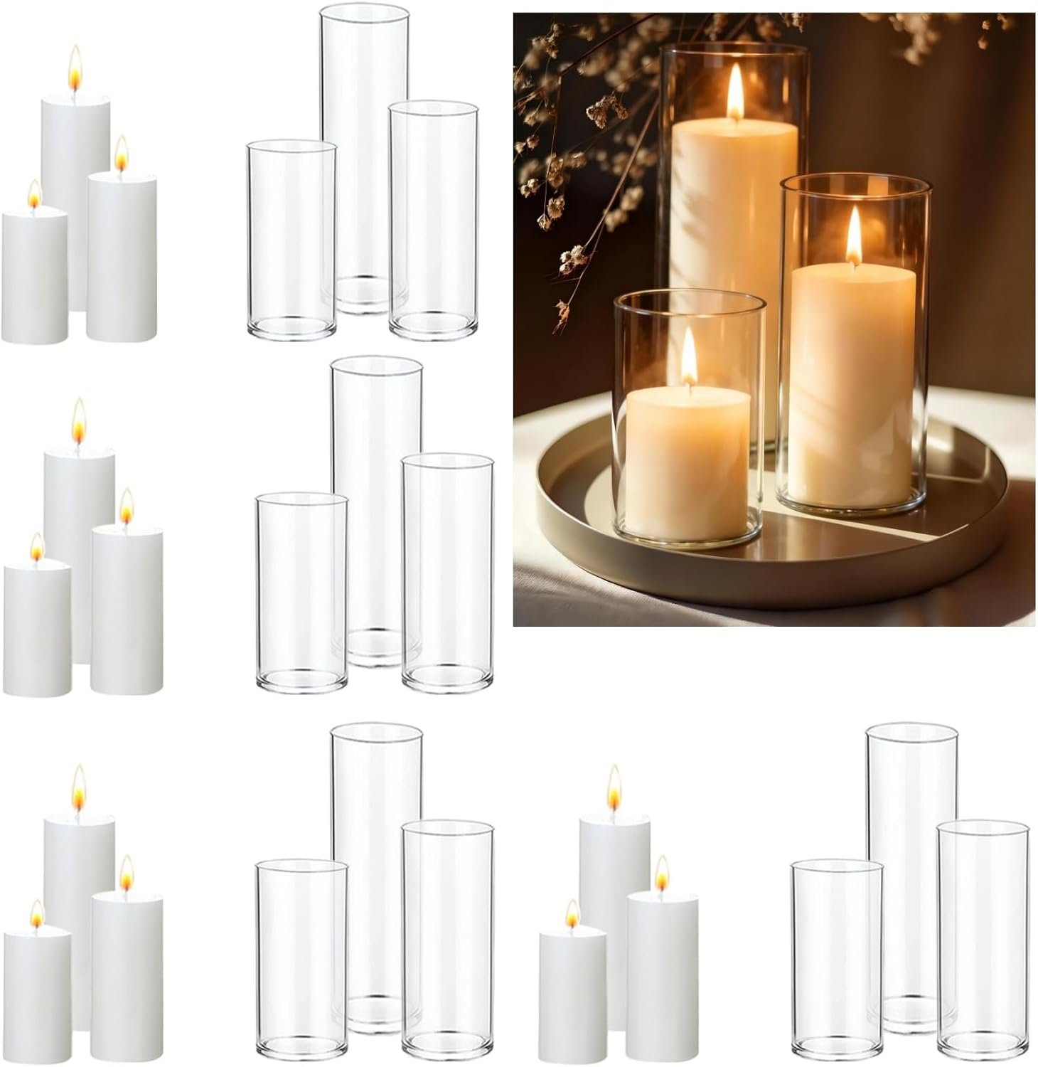 UDU 24 PCS White Pillar Candles with Glass Cylinder Vases Hurricane Glass Candle Holders for Pillar Candles Cylinder Vases for Centerpieces Wedding Table Party Home Decor