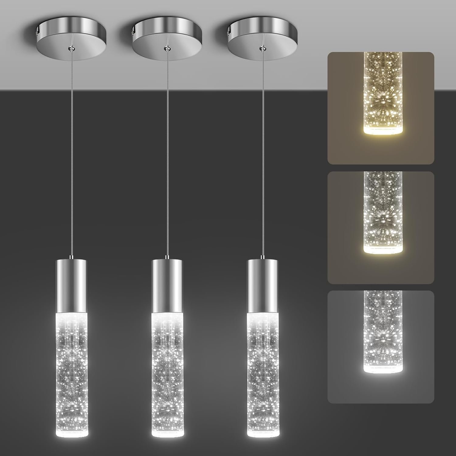 Modern Pendant Lights,3 Color LED Bubble Crystal Island Light Fixtures,Chrome Mini Pendant Lighting for Kitchen Island,Bar,6W,3000-6000K,ETL,3 Pack