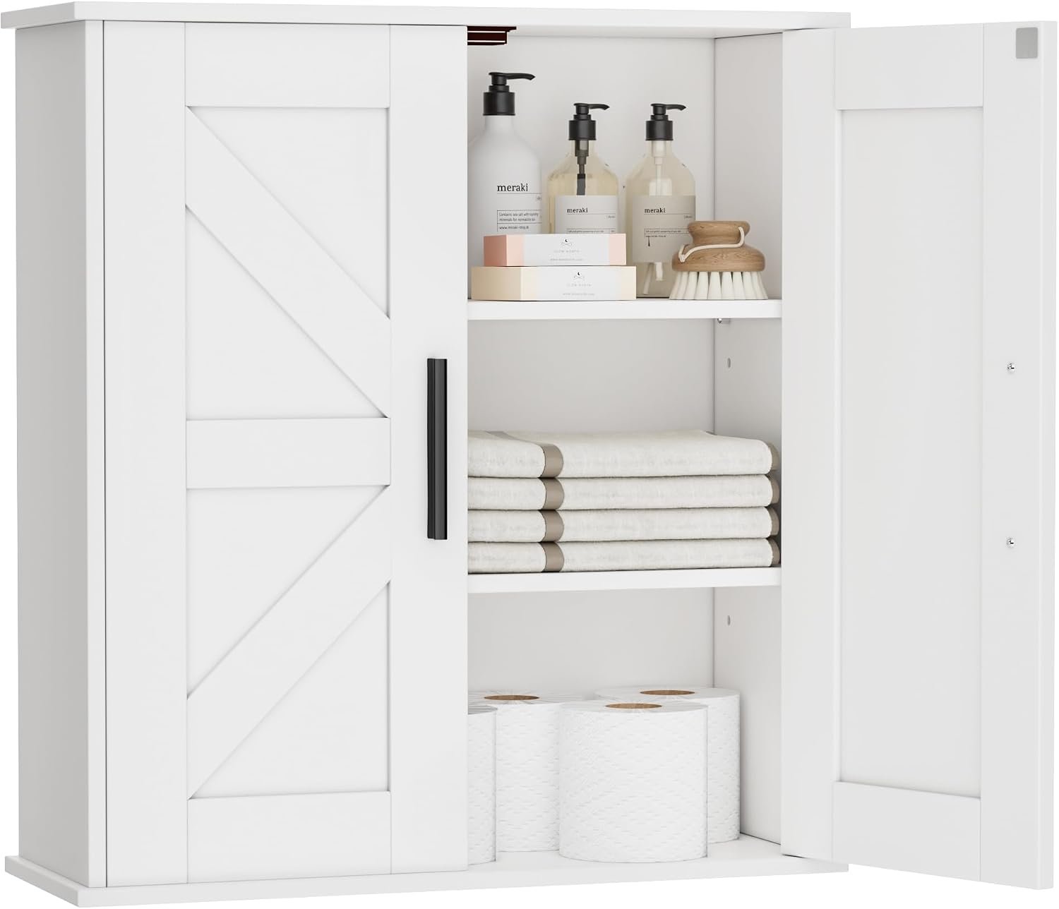 Homleke Bathroom Wall Cabinet, Medicine Cabinet with Adjustable Shelves | 3-Tier Wall Mounted Over Toilet Storage with Barn Doors, for Bathroom, Kitchen, Entryway, Laundry Room, White, (7.9″ D)